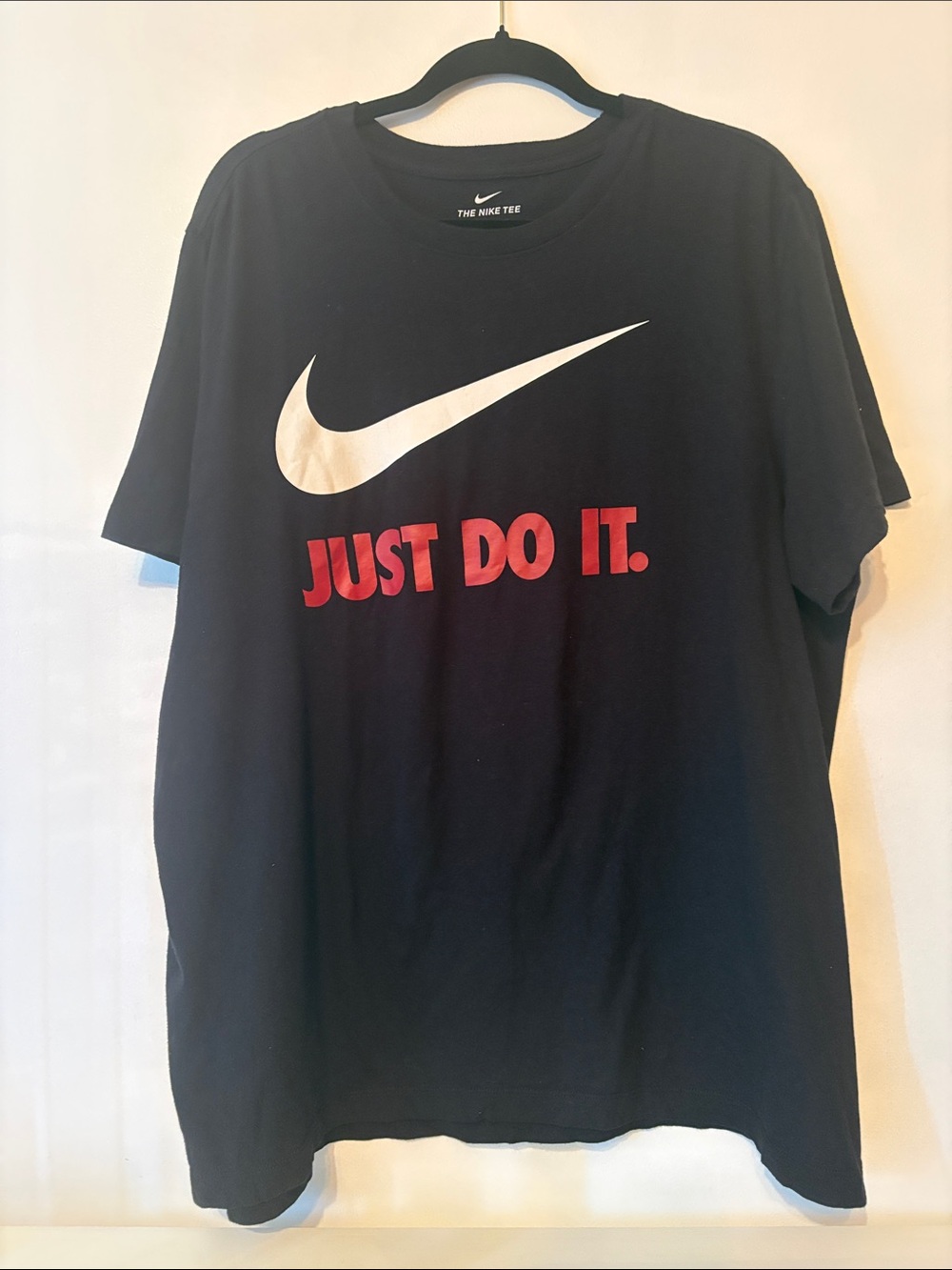 Nike XL Black Tee with White Swoosh and Red Text